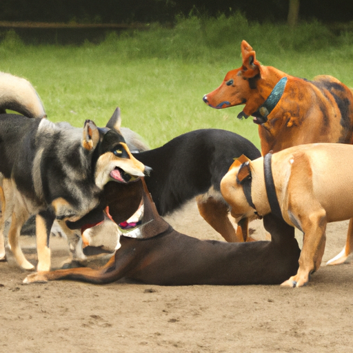 קבוצת כלבים מגוונת עסקה באינטראקציה משחקית במהלך מפגש פנסיון קבוצתי.